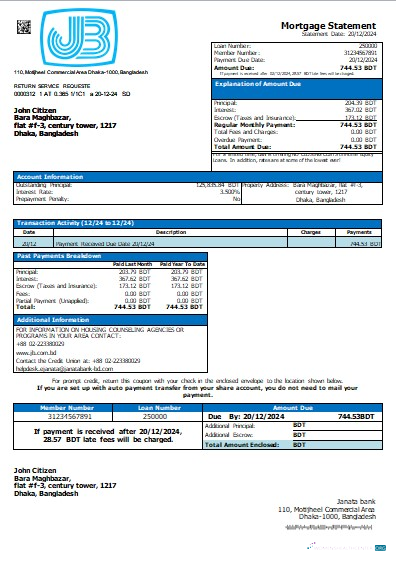 Download Bangladesh Janata bank mortgage statement scr Photoshop template